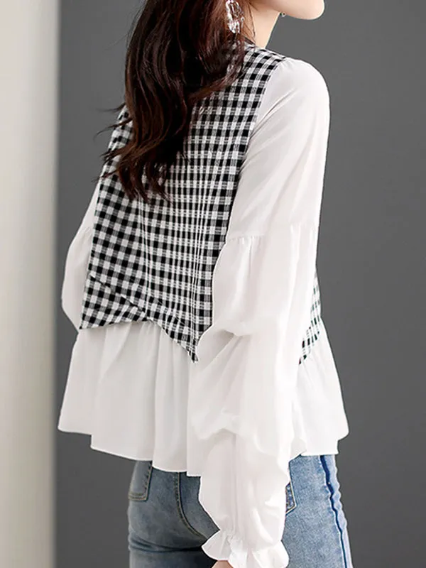 Long Sleeves Loose Elasticity Plaid Split-Joint Round-Neck T-Shirts Tops