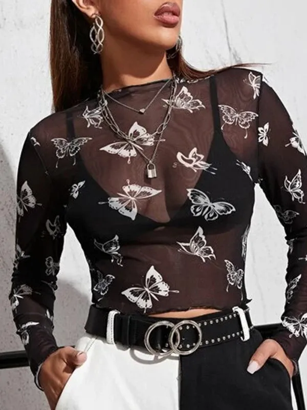 Long Sleeves Skinny Butterfly Print Mesh See-Through Round-Neck T-Shirts Tops