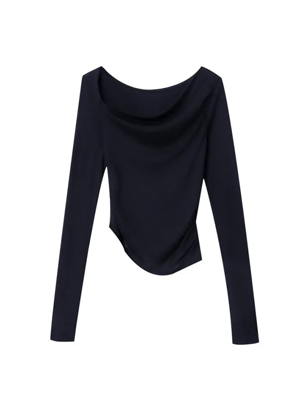 Long Sleeves Skinny Solid Color Asymmetric Collar T-Shirts Tops