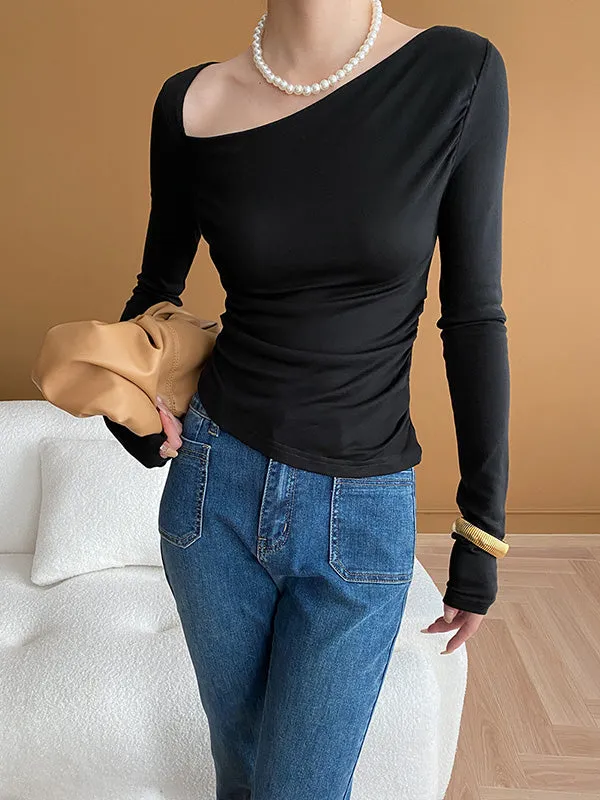 Long Sleeves Skinny Solid Color Asymmetric Collar T-Shirts Tops