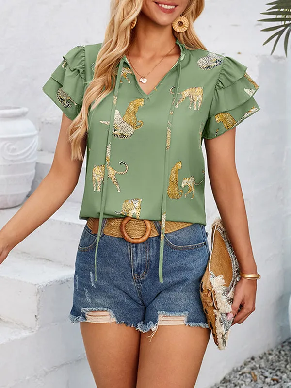 Loose Ruffle Sleeves Animal Printed Layered Pleated Tied V-Neck T-Shirts Tops