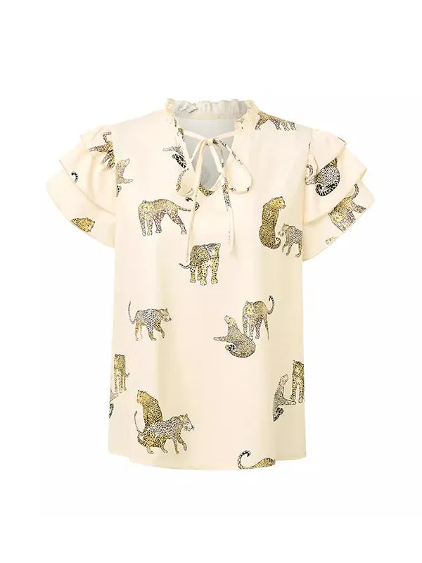 Loose Ruffle Sleeves Animal Printed Layered Pleated Tied V-Neck T-Shirts Tops