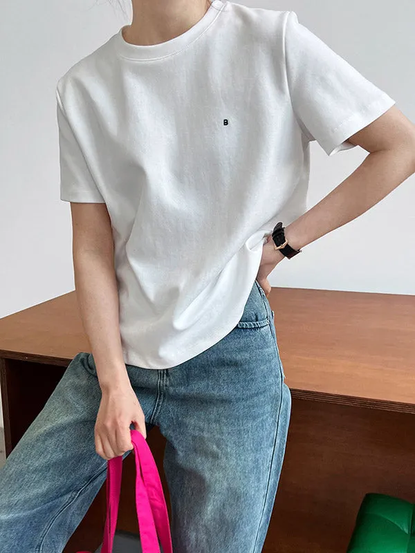 Loose Short Sleeves Embroidered Round-Neck T-Shirts Tops