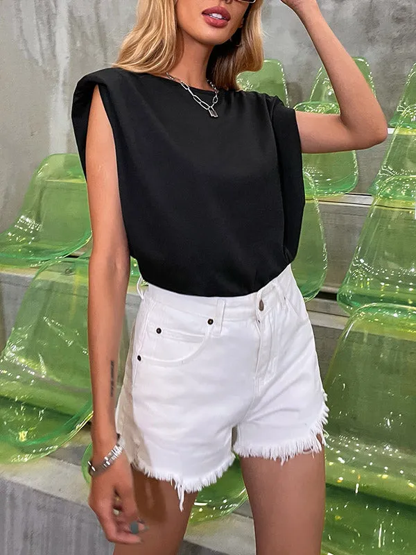 Loose Sleeveless Hollow Shoulder Pad Solid Color Round-Neck T-Shirts Tops