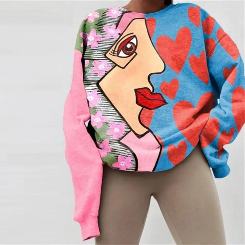 Love printed round neck long sleeve pullover sweater women