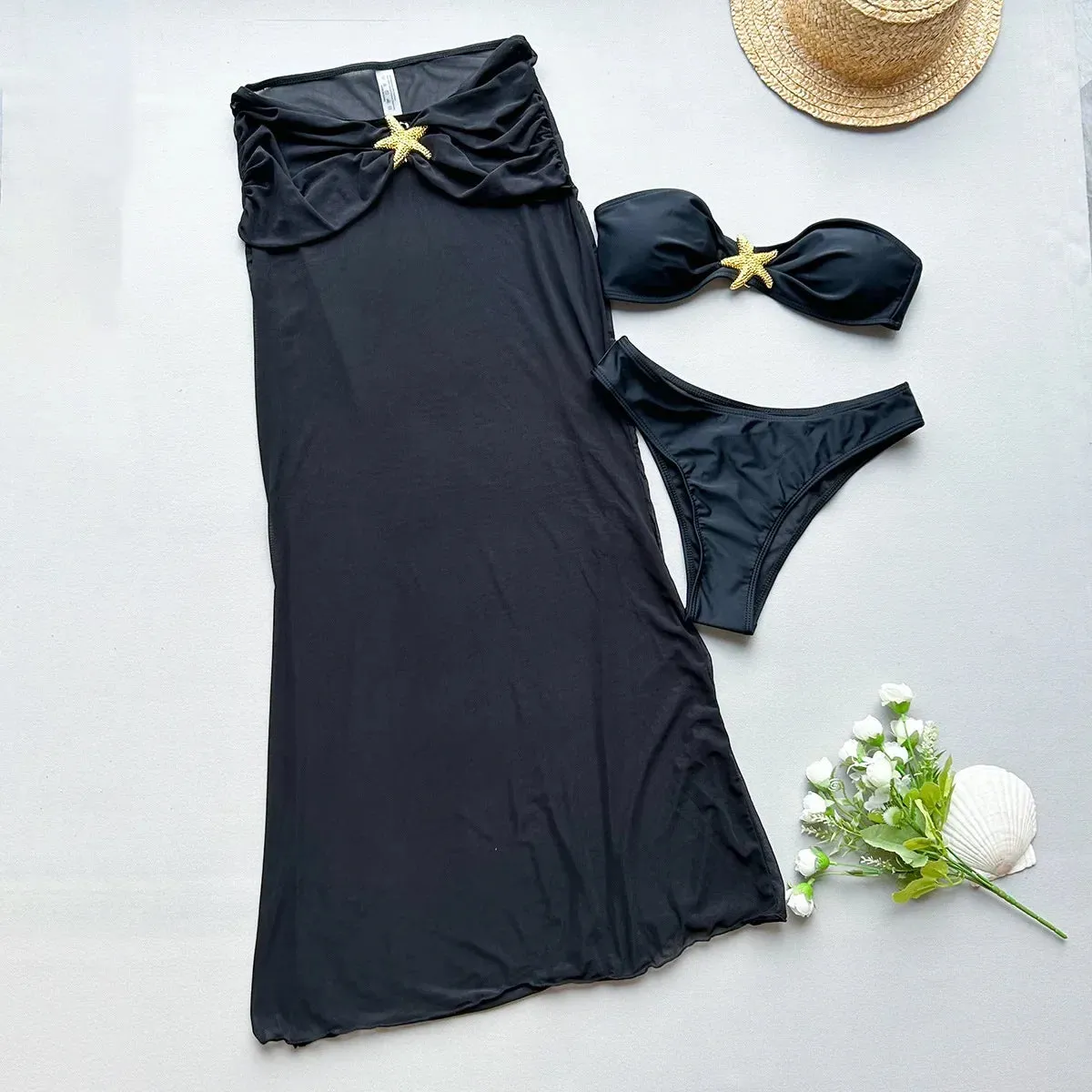 Lunivop Black Beach Skirt Sets Women Sexy Mesh Sheer Slim Holiday Outfits Fashion Bikini Set and Maxi Skirt Two Piece Set 2024 Beachwear