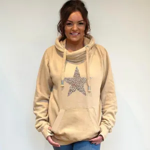 Luxury Cowl Neck Leopard Star Hoodie - Latte