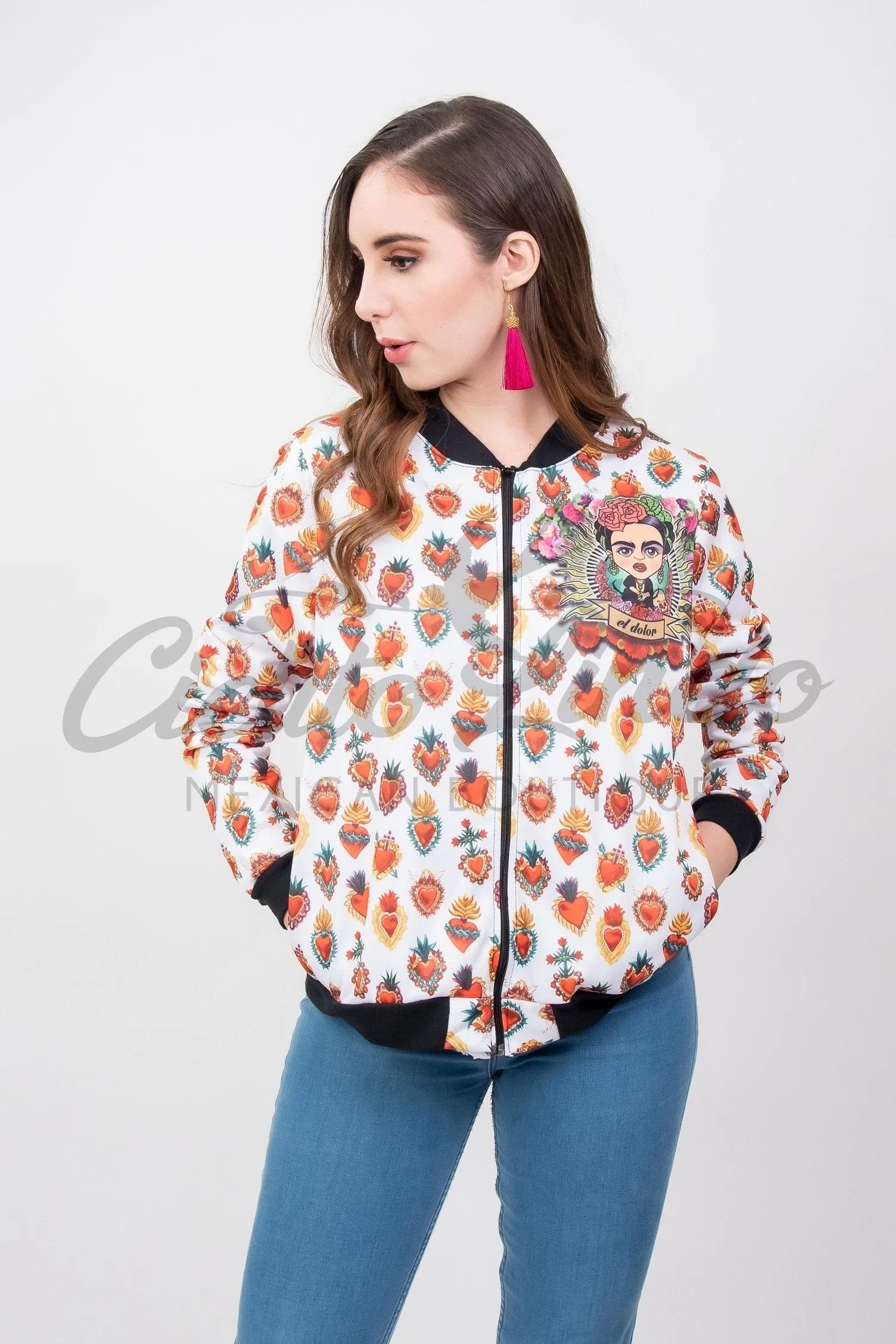 Mexican Frida Kahlo Sacred Heart Bomber Jacket