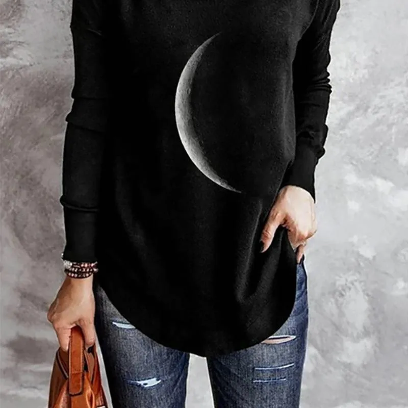 Moon print round neck loose long-sleeved T-shirt sweater women