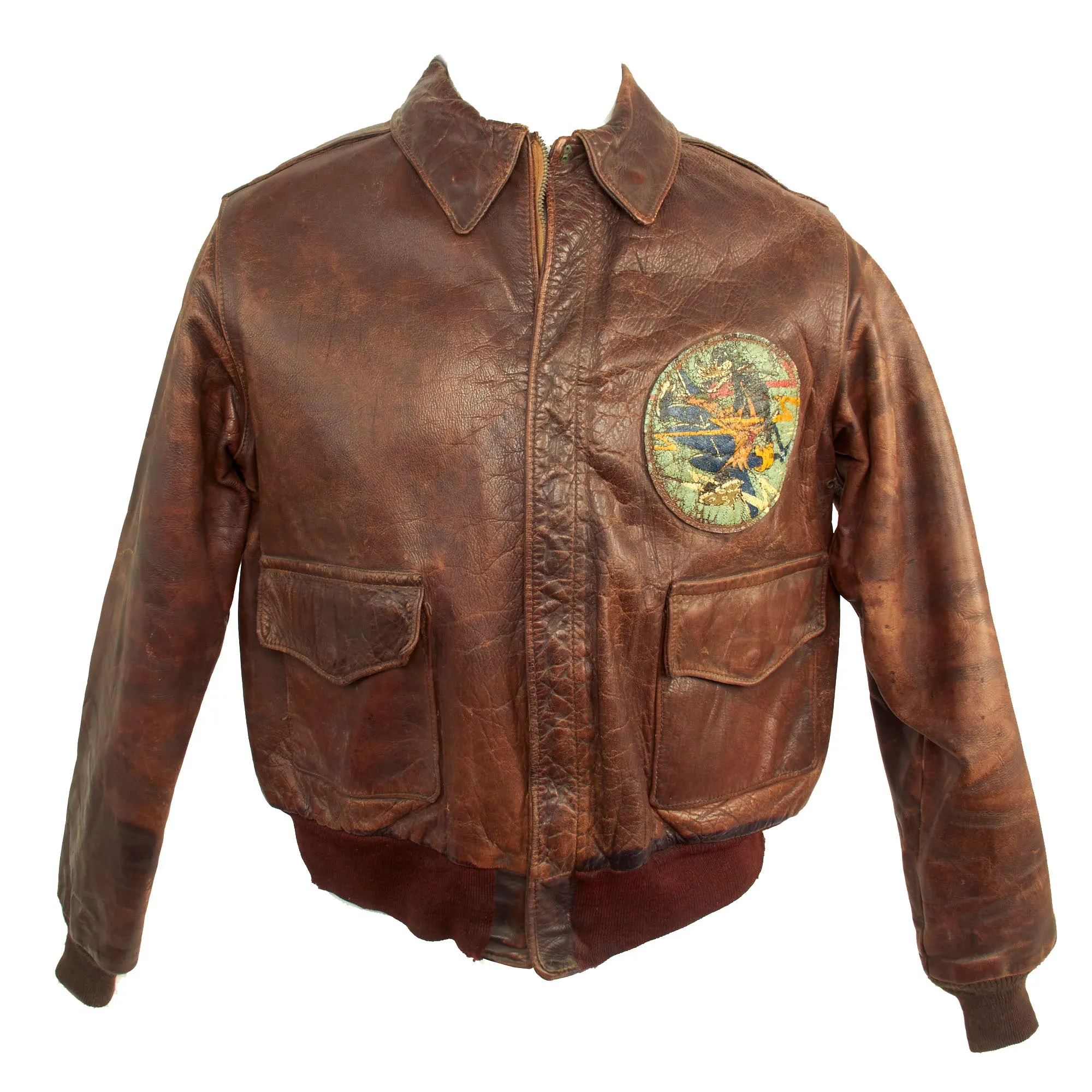 Original U.S. WWII 2nd Air Force Disney “Big Bad Wolf” Squadron Painted A-2 Leather Flight Jacket - 474th Fighter Group, 70th Fighter Wing, 9th Air Force