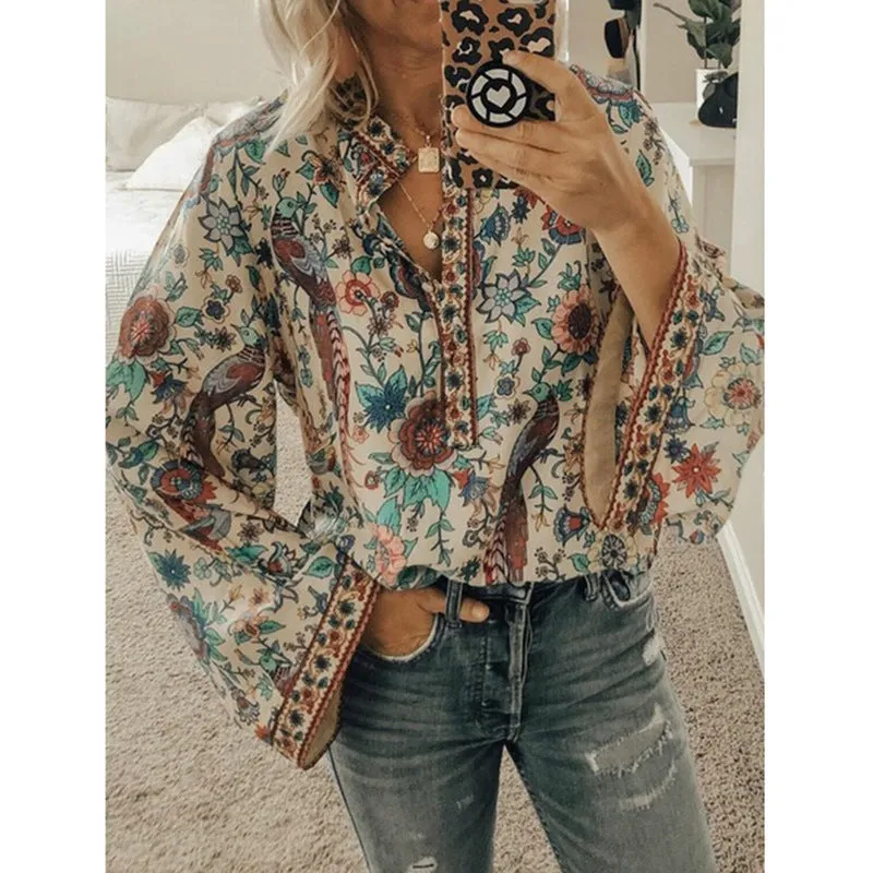 Peacock print loose shirt button long sleeve shirt