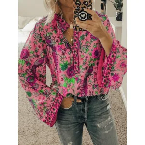 Peacock print loose shirt button long sleeve shirt