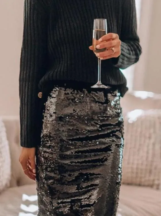 Skirts Sequined Skinny Slit Midi Skirt for Women