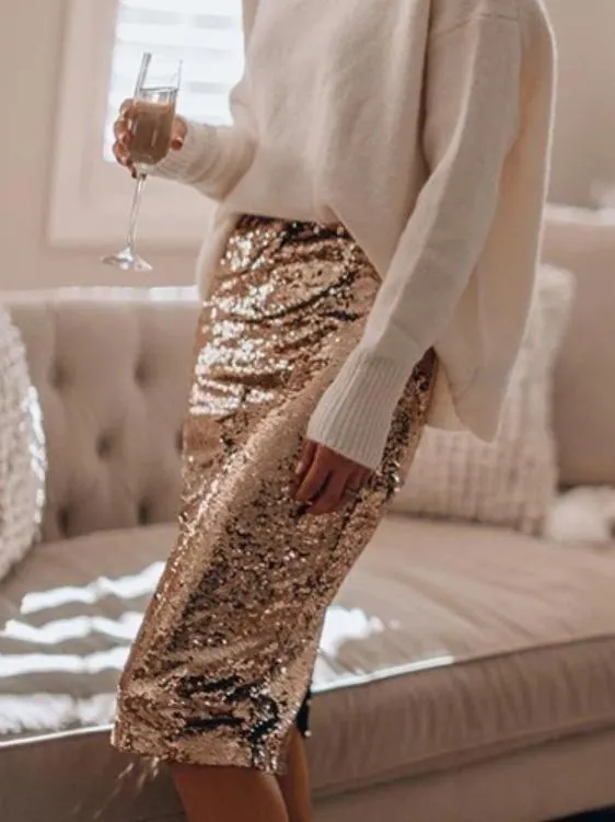 Skirts Sequined Skinny Slit Midi Skirt for Women