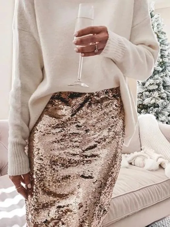 Skirts Sequined Skinny Slit Midi Skirt for Women