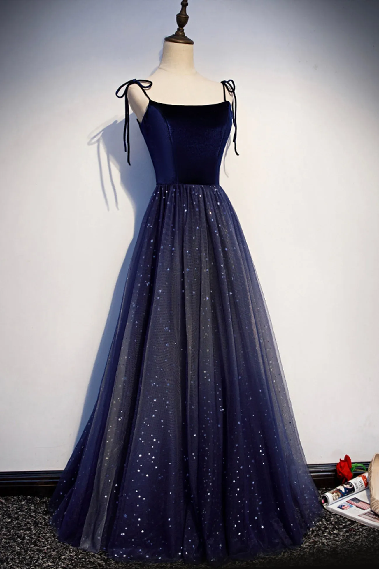 solvbao Blue Velvet Tulle Long Prom Dresses, Lovely A-Line Graduation Dresses