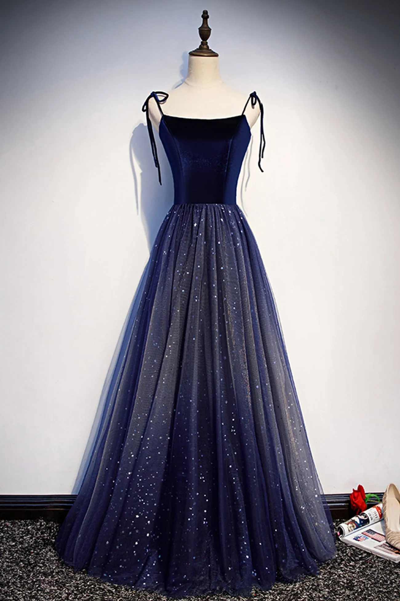 solvbao Blue Velvet Tulle Long Prom Dresses, Lovely A-Line Graduation Dresses