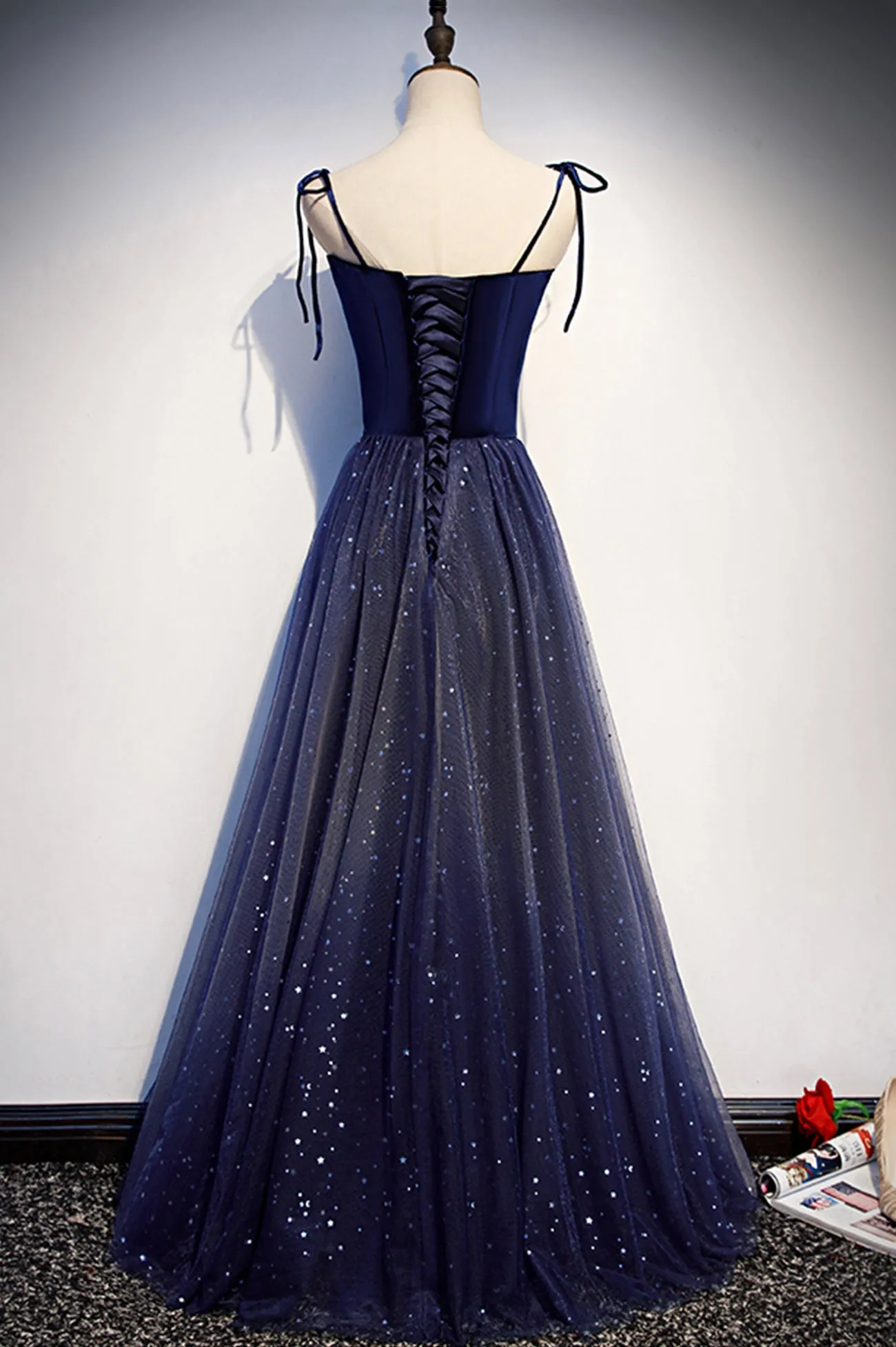 solvbao Blue Velvet Tulle Long Prom Dresses, Lovely A-Line Graduation Dresses