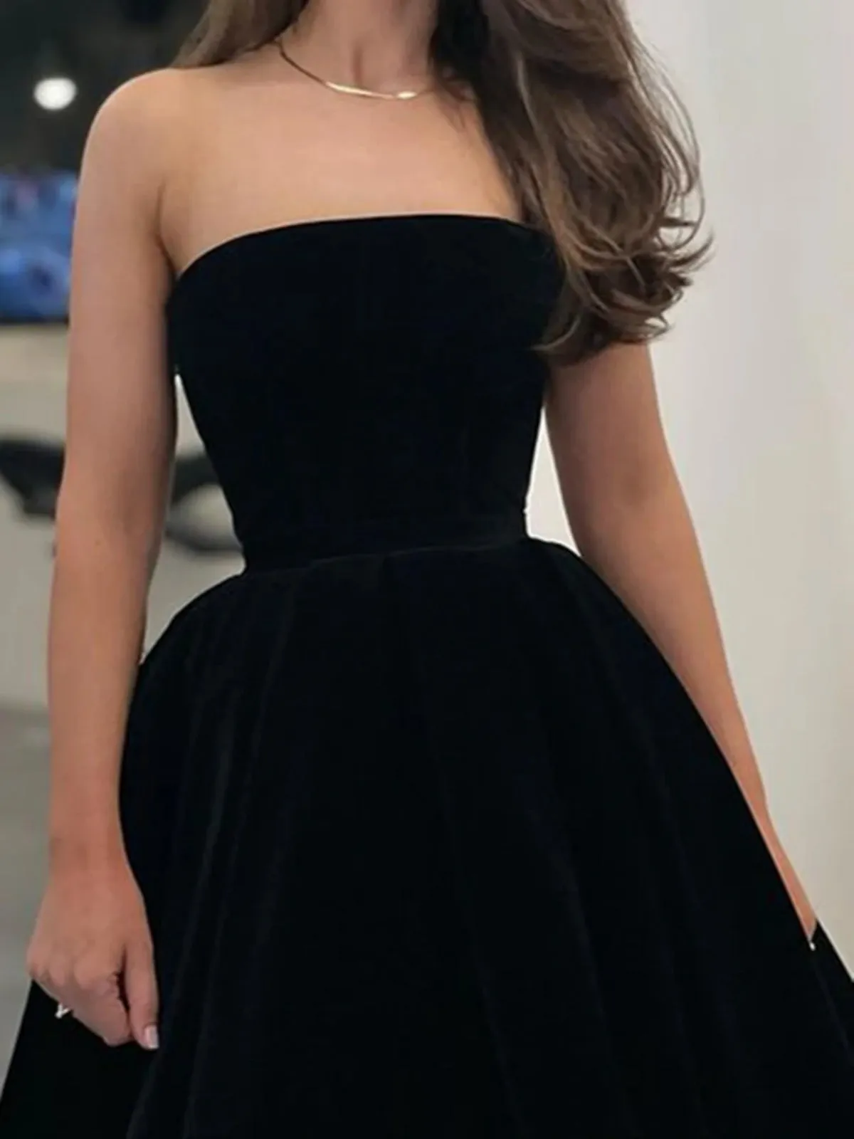 Strapless Tea Length Black Velvet Prom Dresses, Black Velvet Homecoming Dresses, Black Formal Evening Dresses