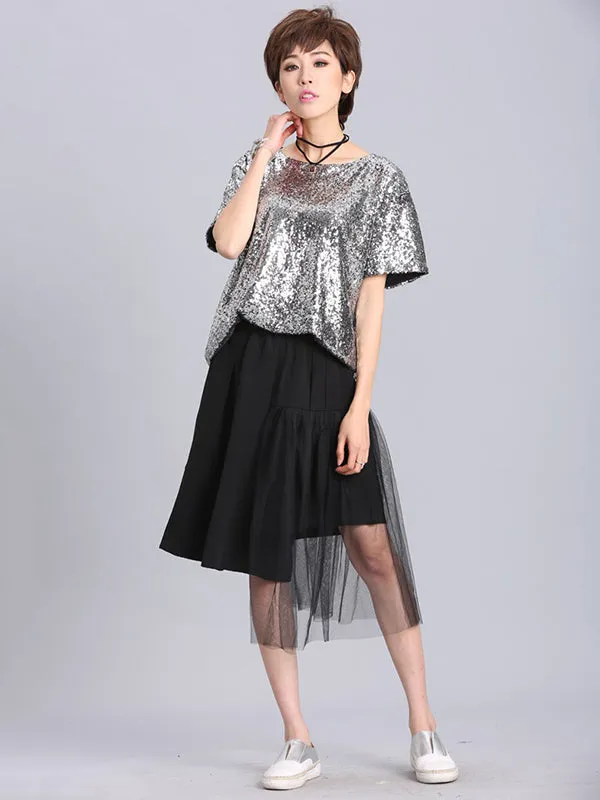 Stylish Round-Neck Sequinned T-Shirt Top