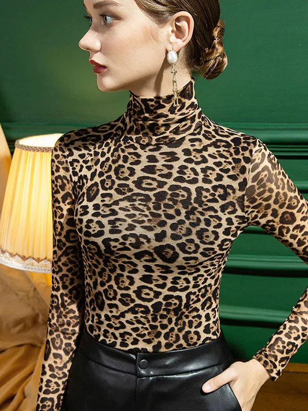 Stylish Selection Long Sleeves Skinny Leopard Half Turtleneck T-Shirts Tops