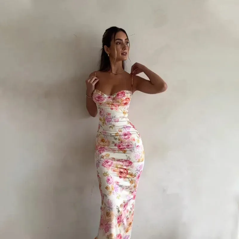 Summer Floral Maxi Bodycon Dress - Elegant Spaghetti Strap Party Wear for Wedding Guests & Holidays