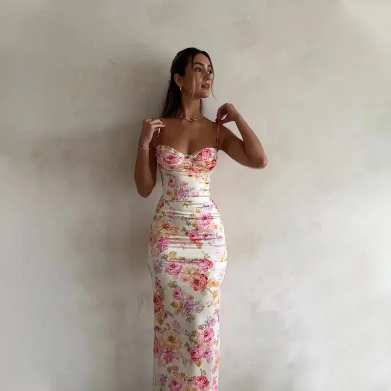 Summer Floral Maxi Bodycon Dress - Elegant Spaghetti Strap Party Wear for Wedding Guests & Holidays