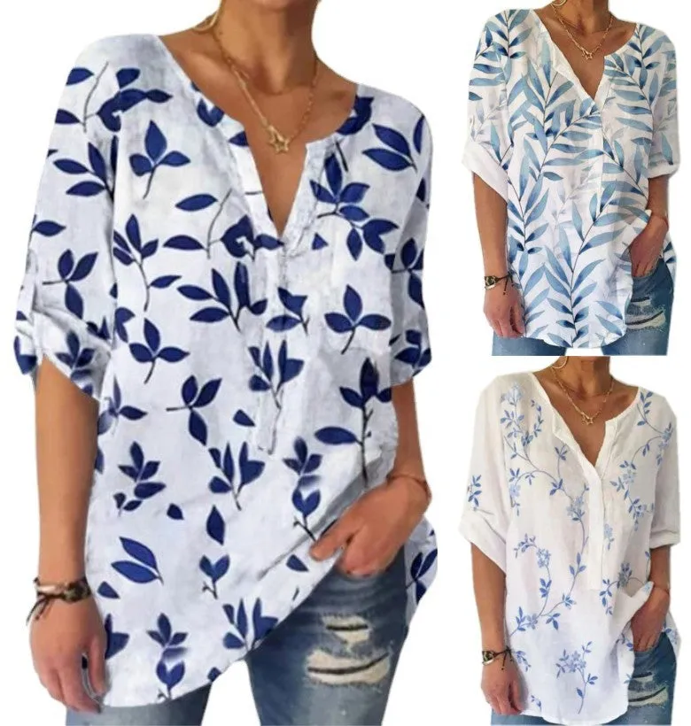 V-neck leaf print casual loose long-sleeved top