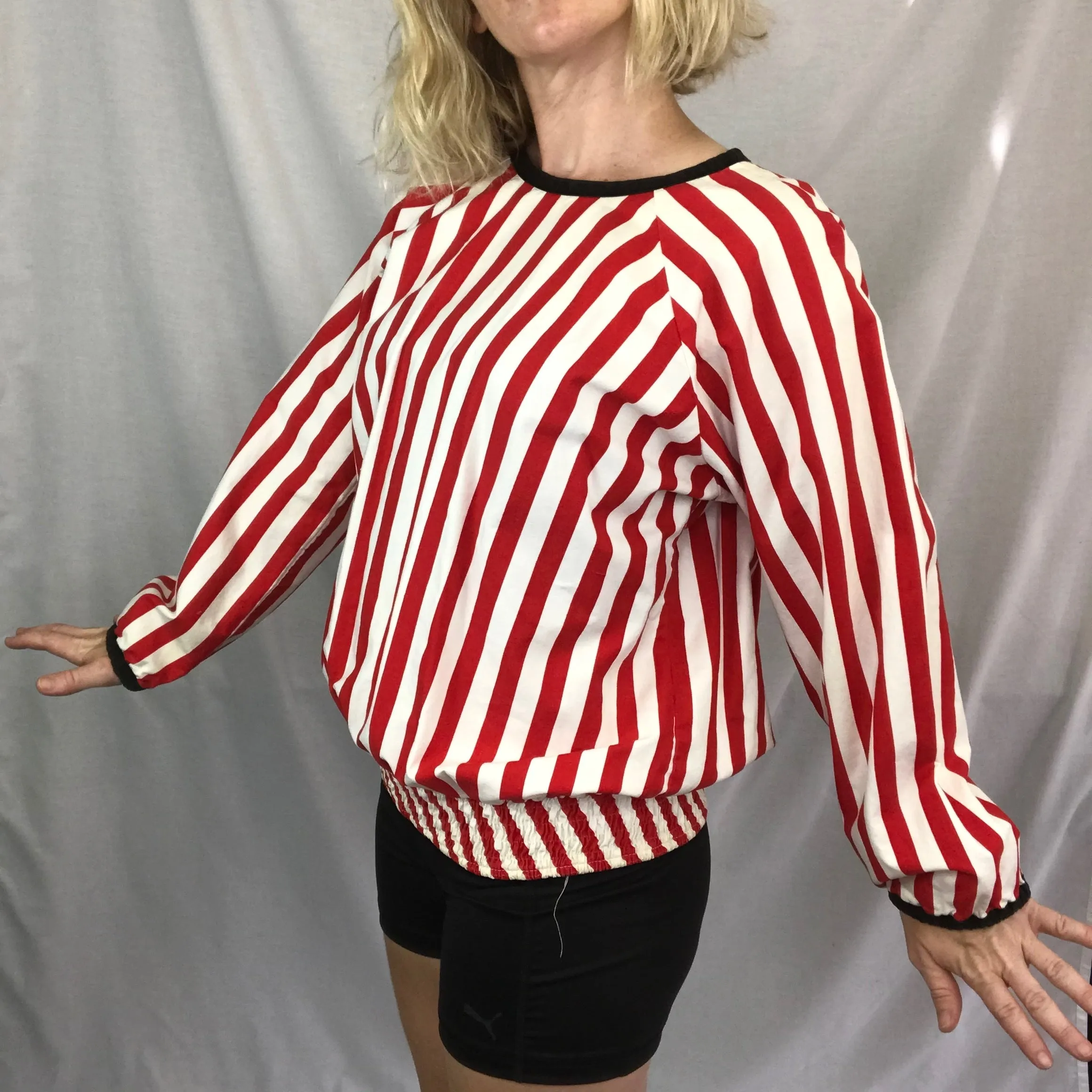 Vintage 50s 60s | Nautical Red and White Striped Statement Sleeve Blouse Top | M