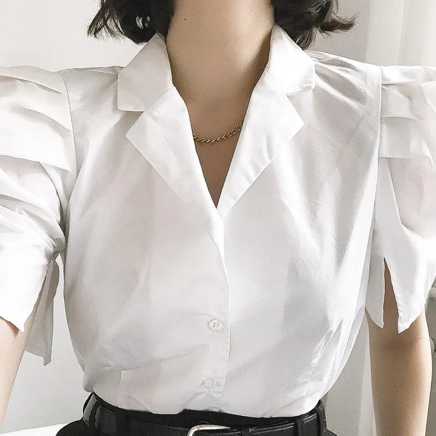 White shirt short sleeve V-neck design shirt loose puff sleeve top