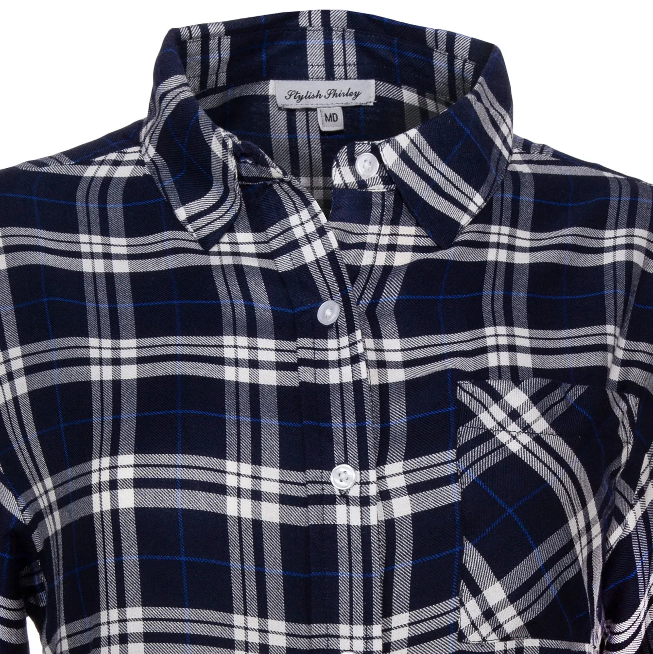 Women's Long sleeves, Rayon, Button Down Plaid Shirt. Navy/Cream Style #8460