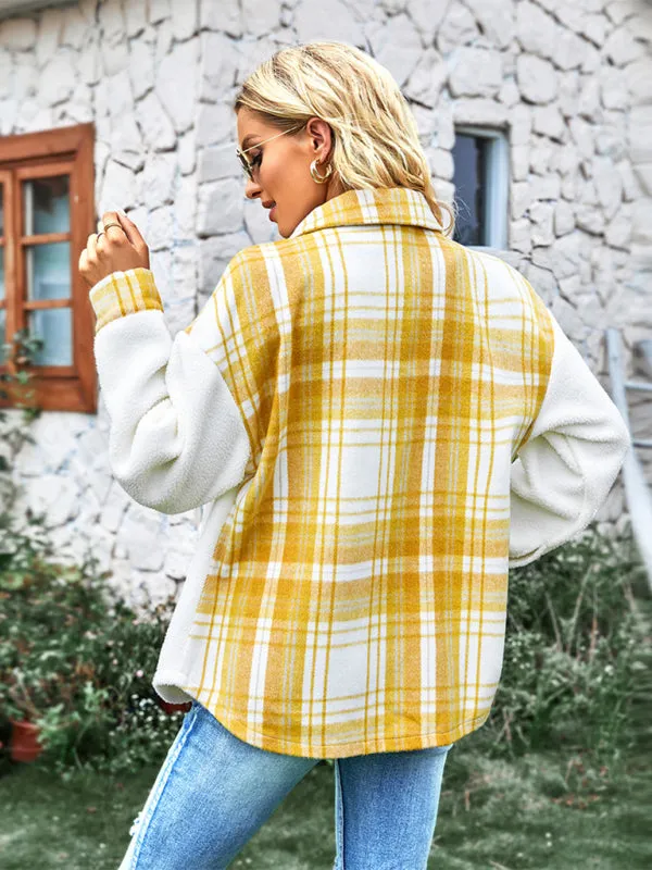 Women's Plaid Panel Fleece Long Sleeve Jacket