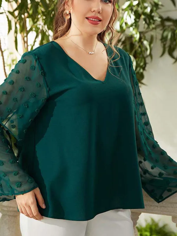 Women's Plus Size Solid Colour Blouse With Sheer Polka Pot Sleeves