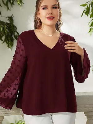 Women's Plus Size Solid Colour Blouse With Sheer Polka Pot Sleeves