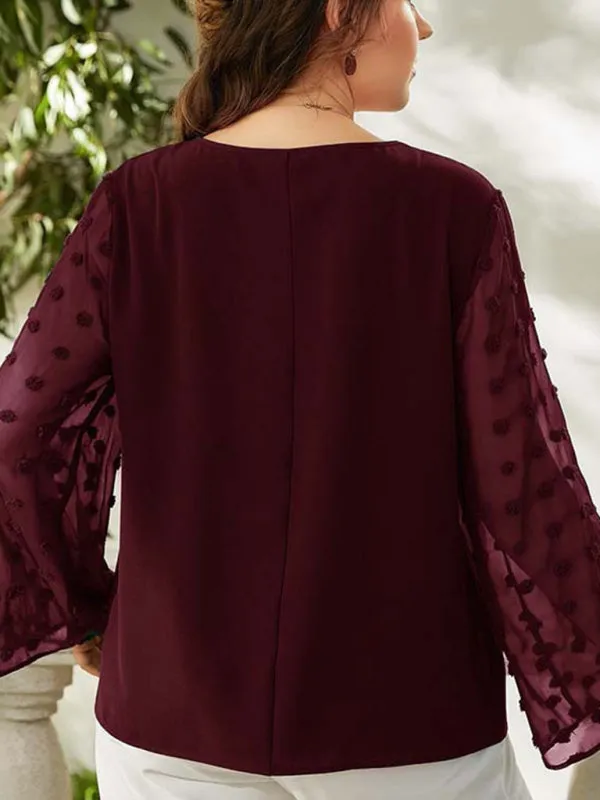 Women's Plus Size Solid Colour Blouse With Sheer Polka Pot Sleeves