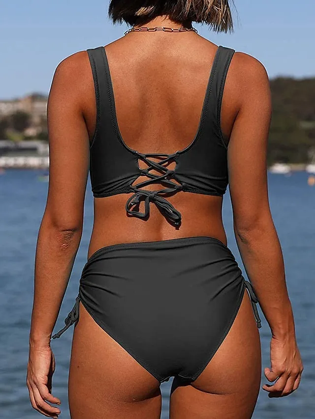 Women's Swimwear Bikini 2 Piece Normal Swimsuit High Waist Pleated Open Back Pure Color Green Black Fuchsia Red Padded V Wire Bathing Suits Sexy Stylish Vacation / New / Padded Bras