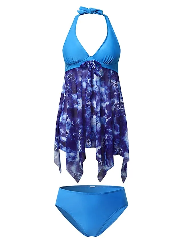 Women's Swimwear Tankini Swim Dress 2 Piece Plus Size Swimsuit Halter 2 Piece Modest Swimwear Push Up Open Back Floral Print Blue Halter V Wire Bathing Suits New Vacation Beach Wear